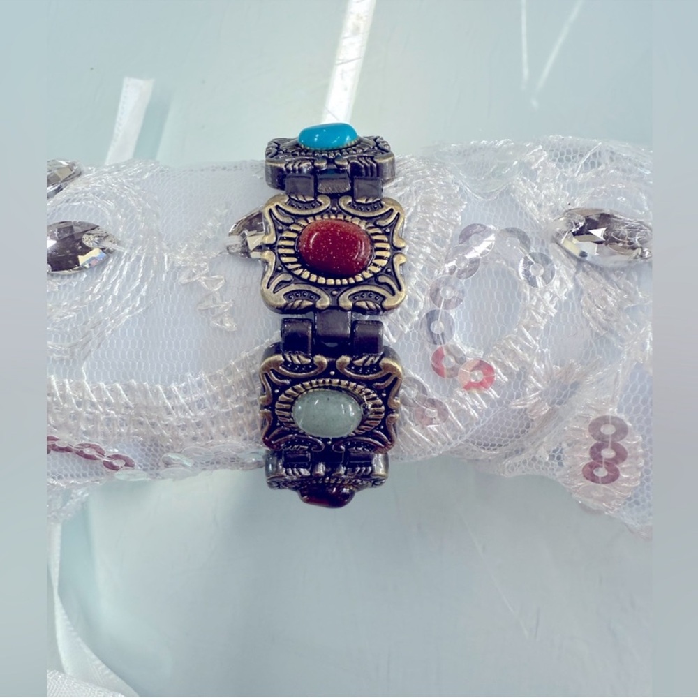 Vintage Brass Link Bracelet Multi Color Cabochon‎ Stones Boho Southwest